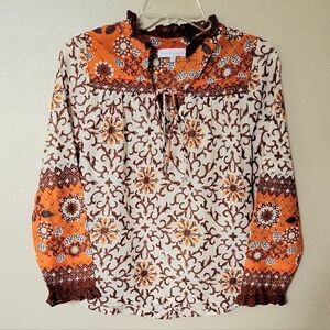 House of Harlow 1960 Orange Brown Boho Printed Cotton Puff Sleeve Blouse Top